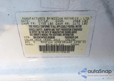 2012 Nissan Versa 1.6 S z USA, uszkodzony, nr VIN 3N1CN7APXCL933630